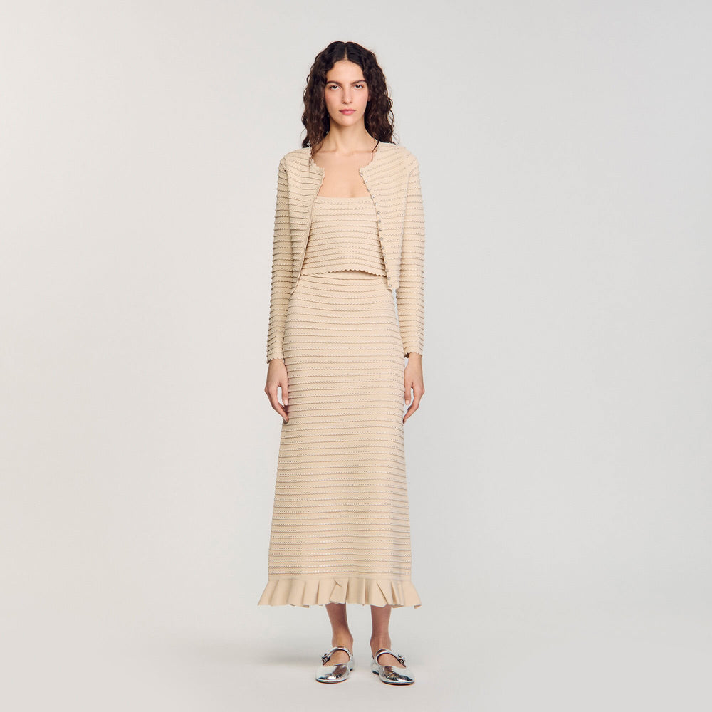 Sandro / Rhinestone knit maxi skirt Beige