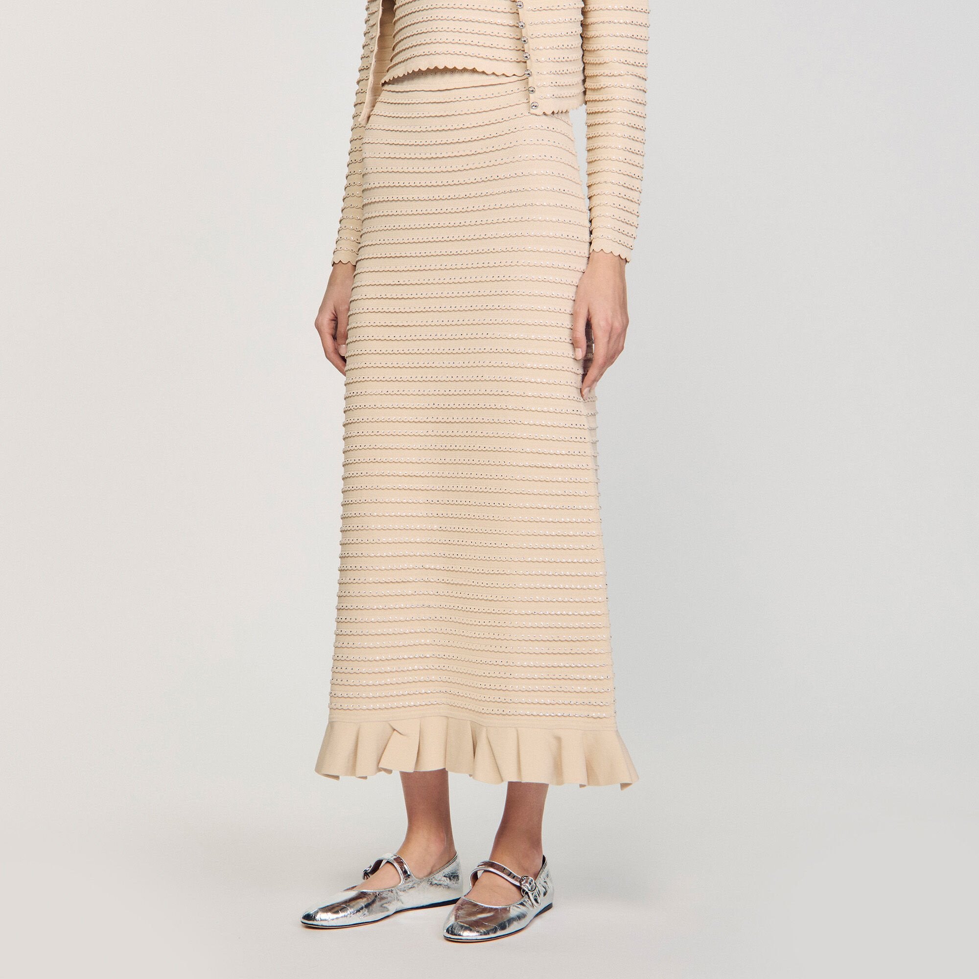 Sandro / Rhinestone knit maxi skirt Beige