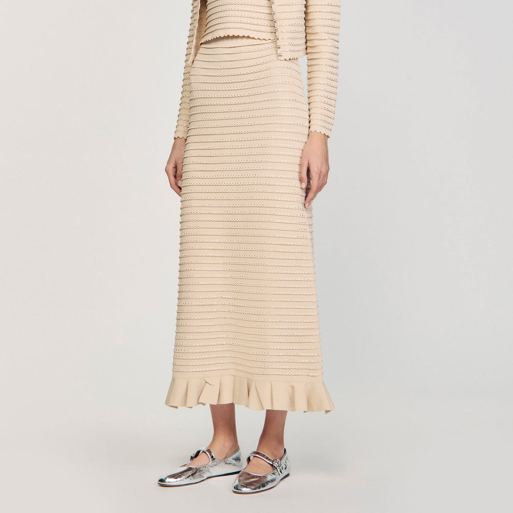 Sandro / Rhinestone knit maxi skirt Beige
