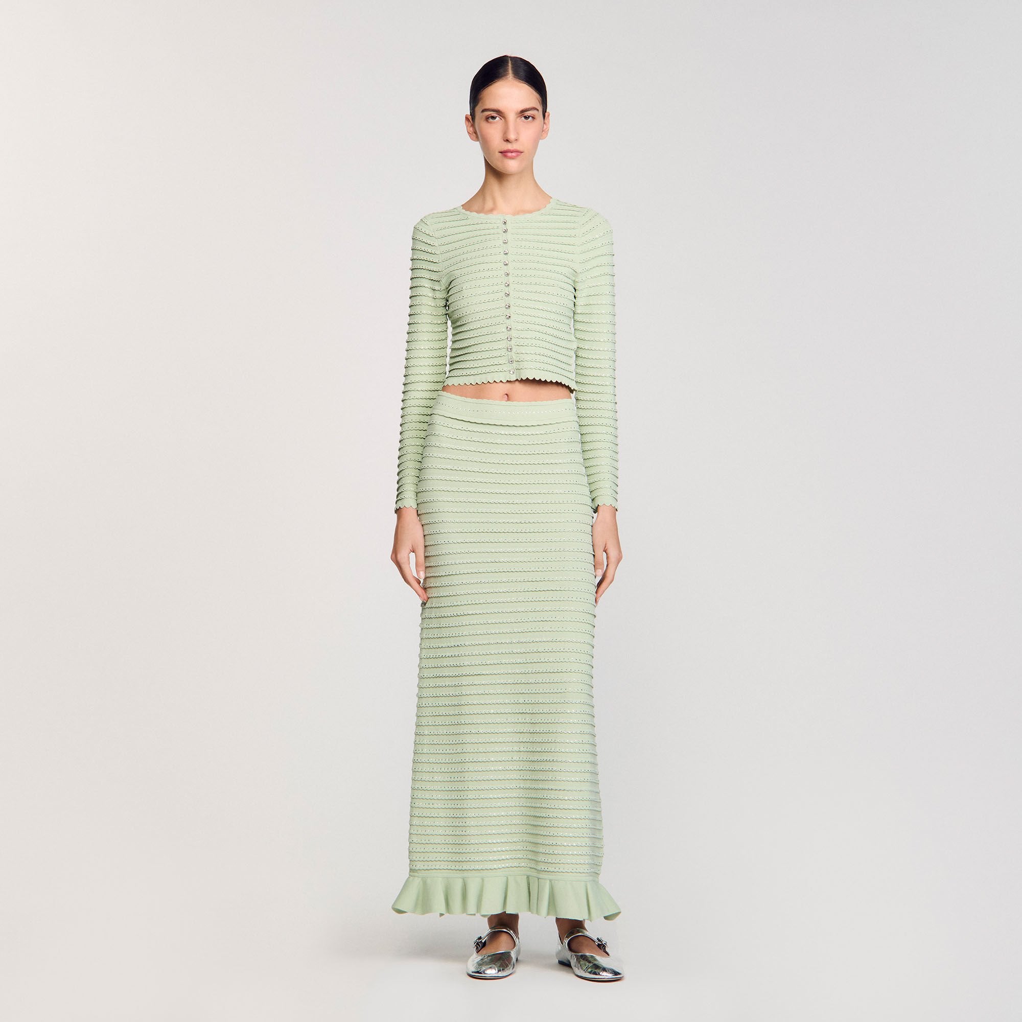 Sandro / Rhinestone knit maxi skirt Almond Green