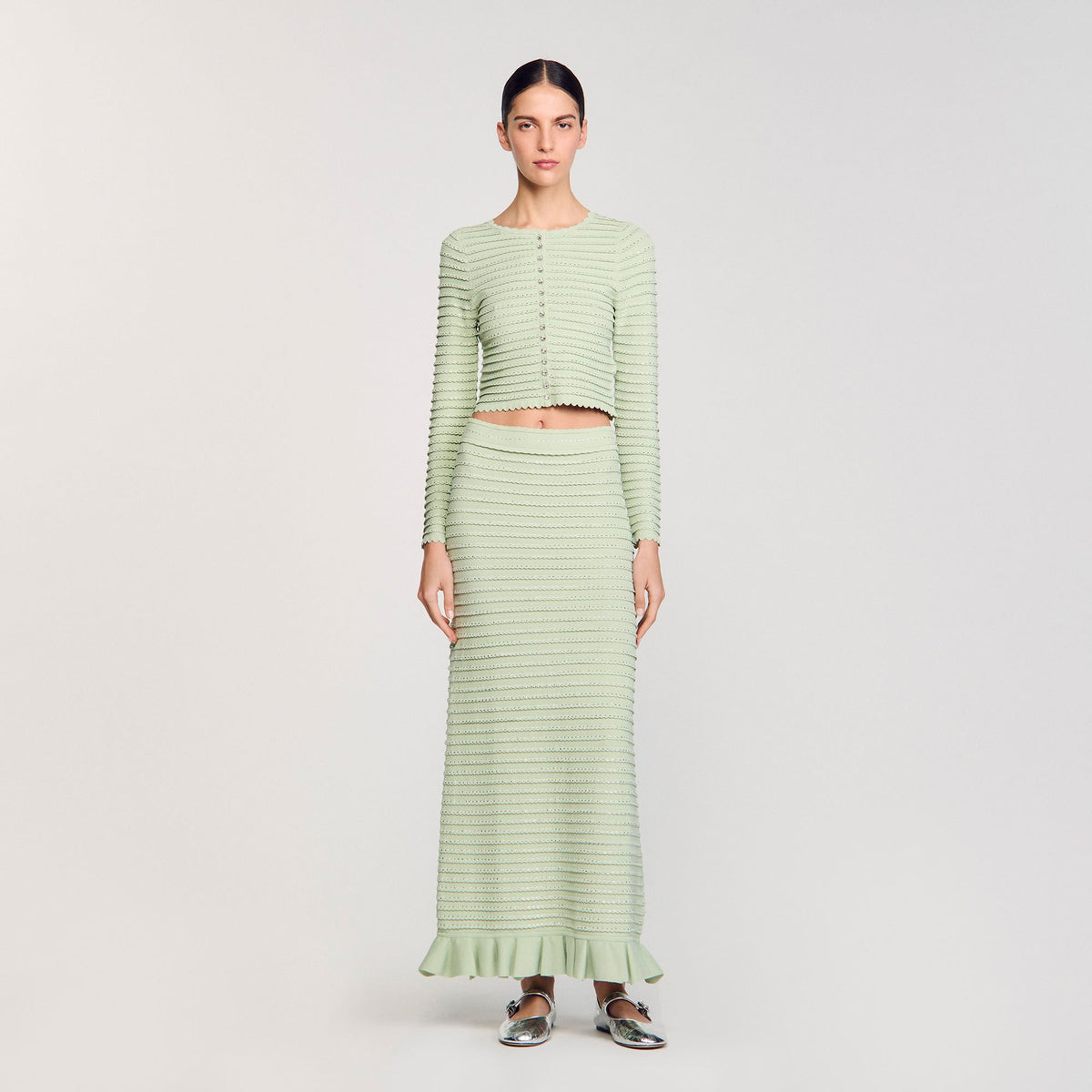 Sandro / Rhinestone knit maxi skirt Almond Green
