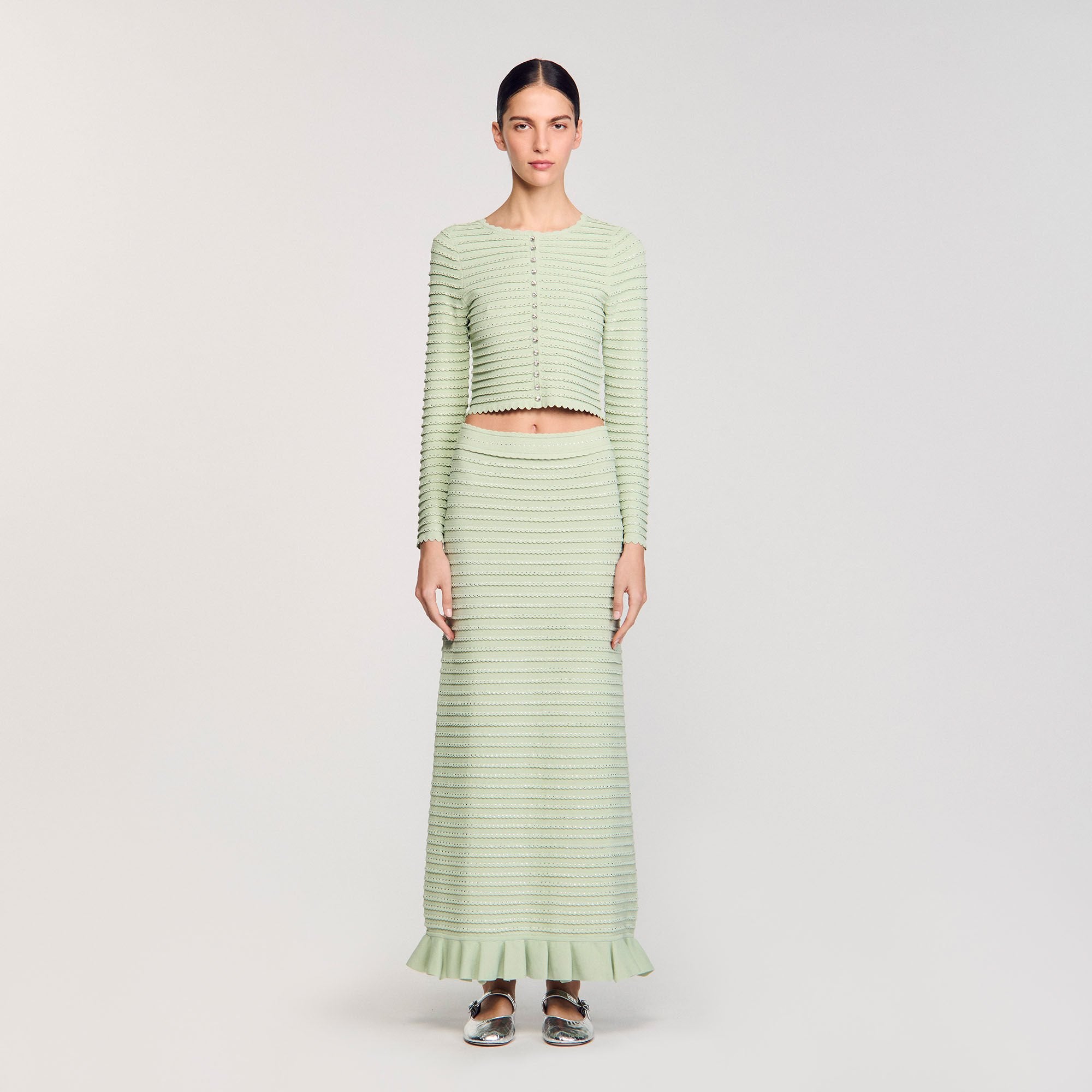 Sandro / Rhinestone knit maxi skirt Almond Green