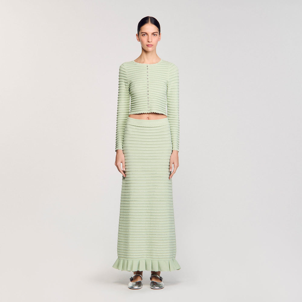Sandro / Rhinestone knit maxi skirt Almond Green