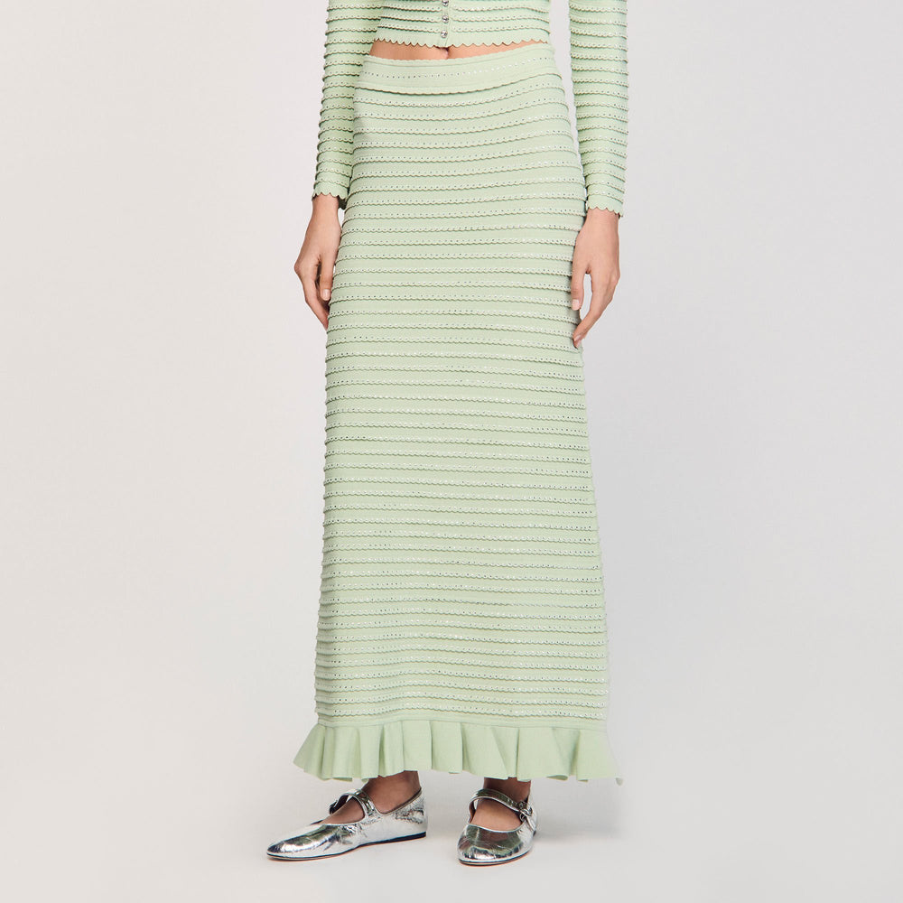 Sandro / Rhinestone knit maxi skirt Almond Green