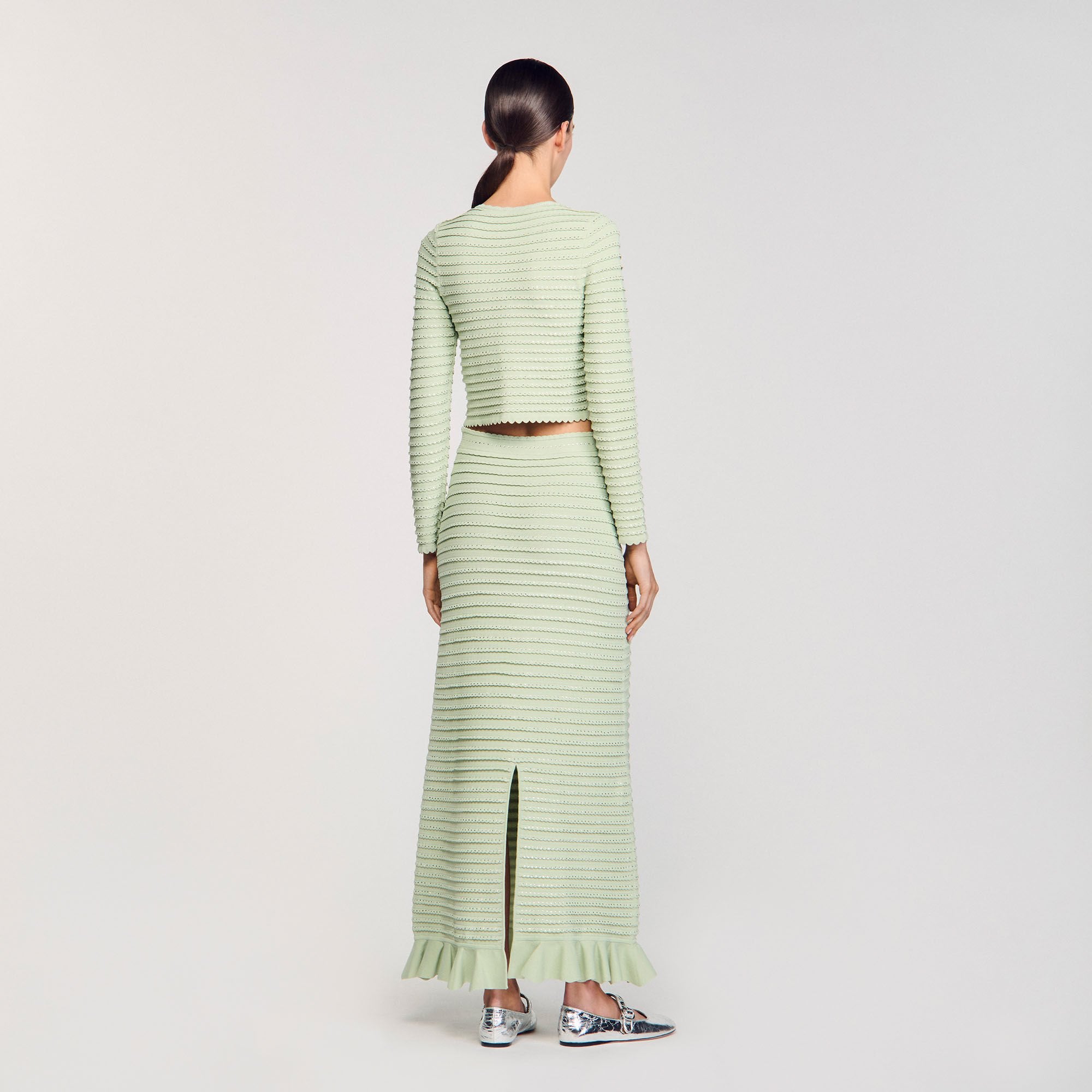 Sandro / Rhinestone knit maxi skirt Almond Green