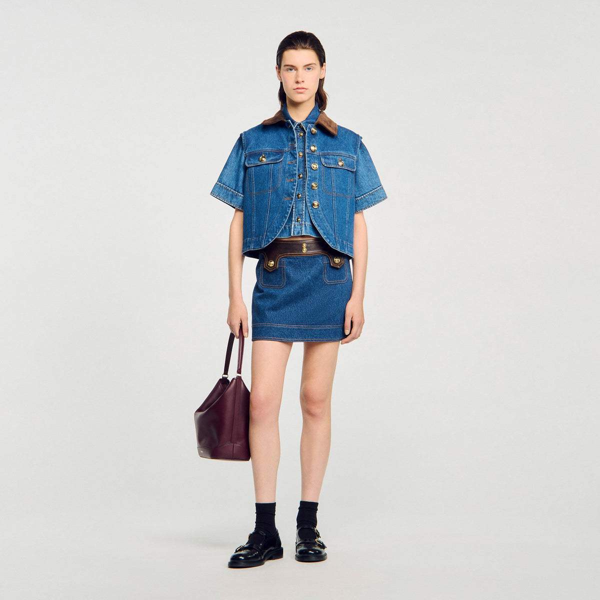 Sandro / Mini denim and leather skirt Dark Blue