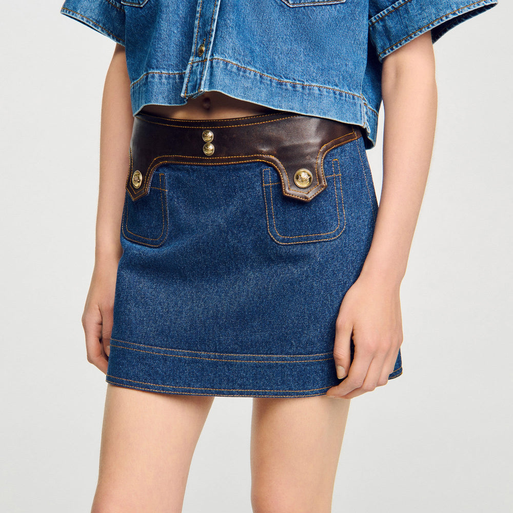 Sandro / Mini denim and leather skirt Dark Blue