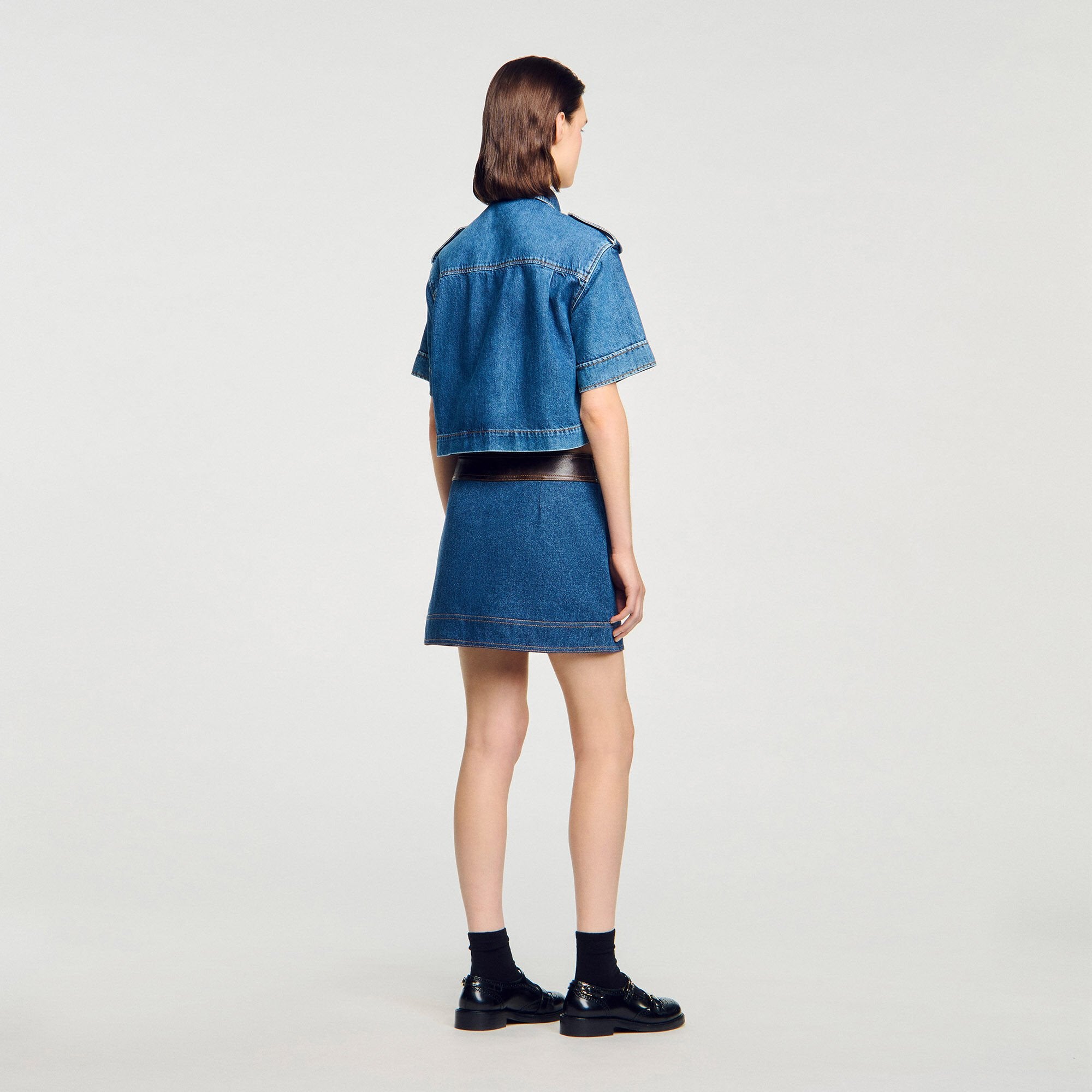 Sandro / Mini denim and leather skirt Dark Blue