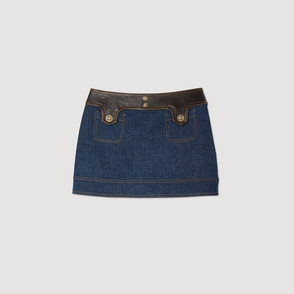 Sandro / Mini denim and leather skirt Dark Blue