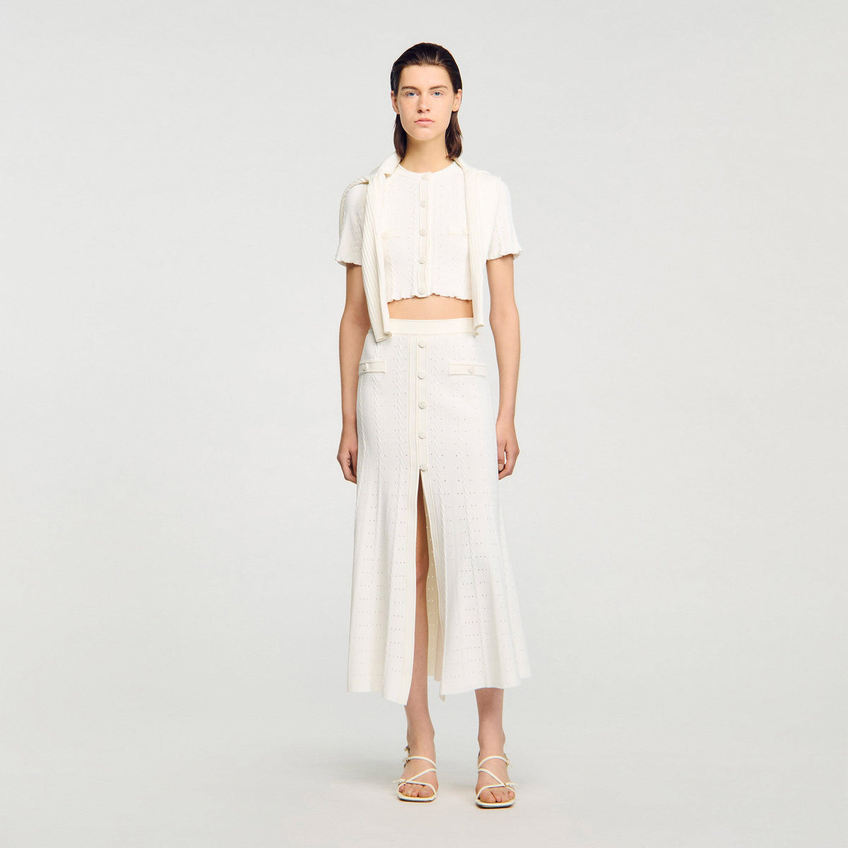 Sandro / Pointelle knit midi skirt Ecru