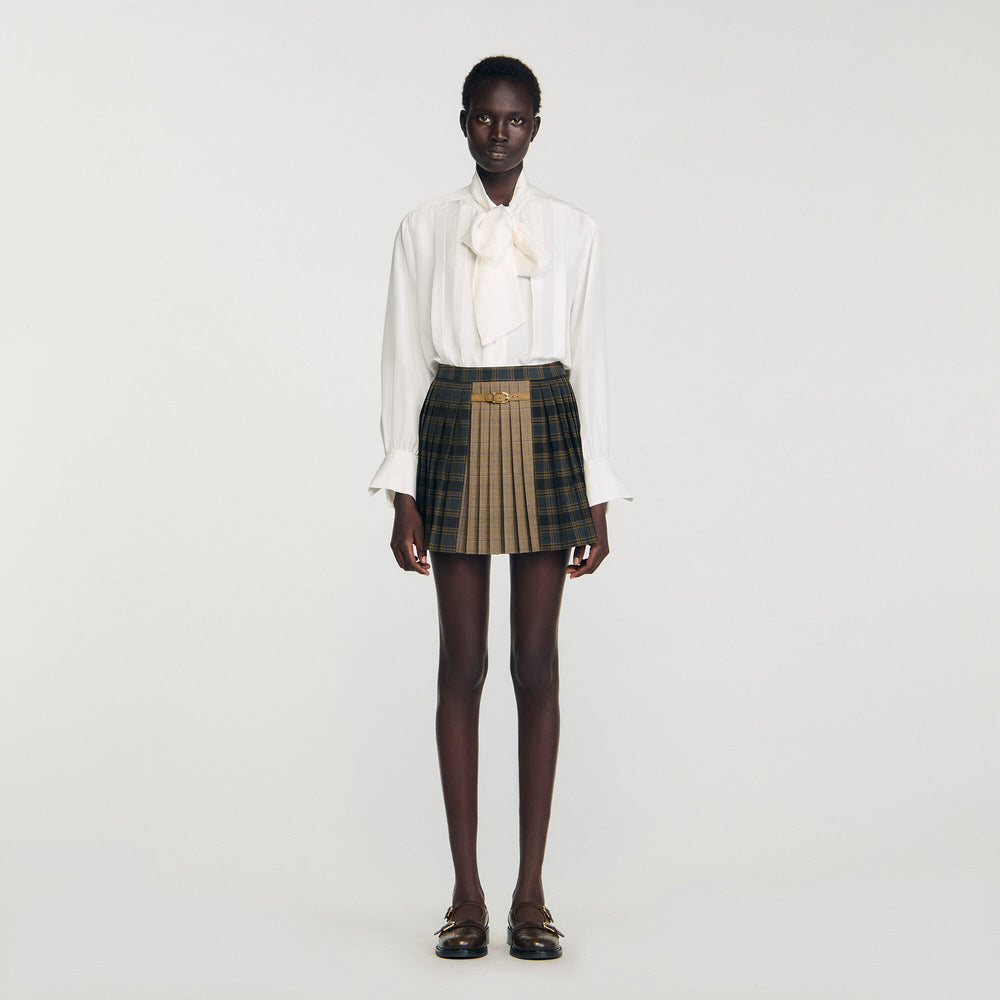 Sandro / Mini checked pleated skirt Ocher / Blue