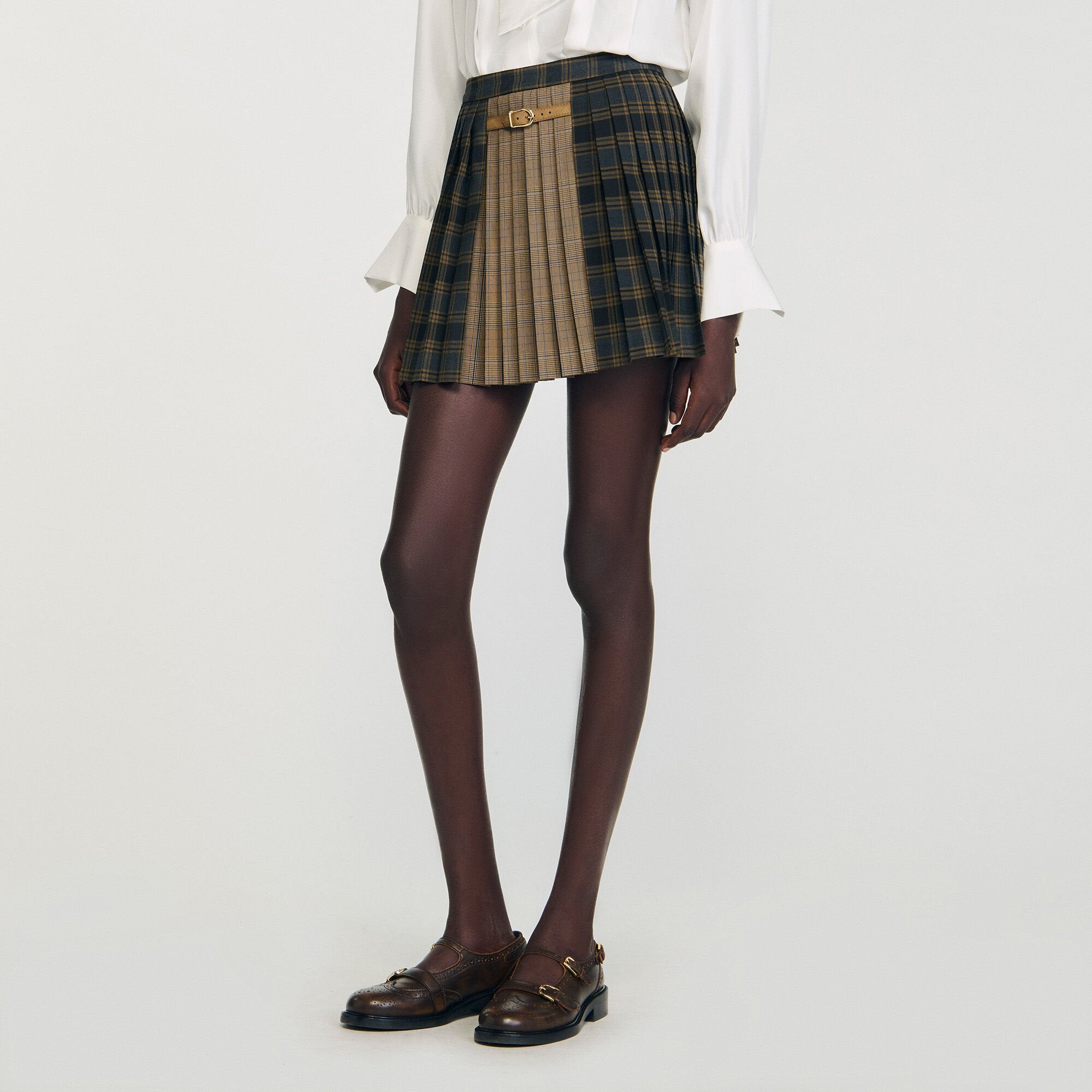 Sandro / Mini checked pleated skirt Ocher / Blue
