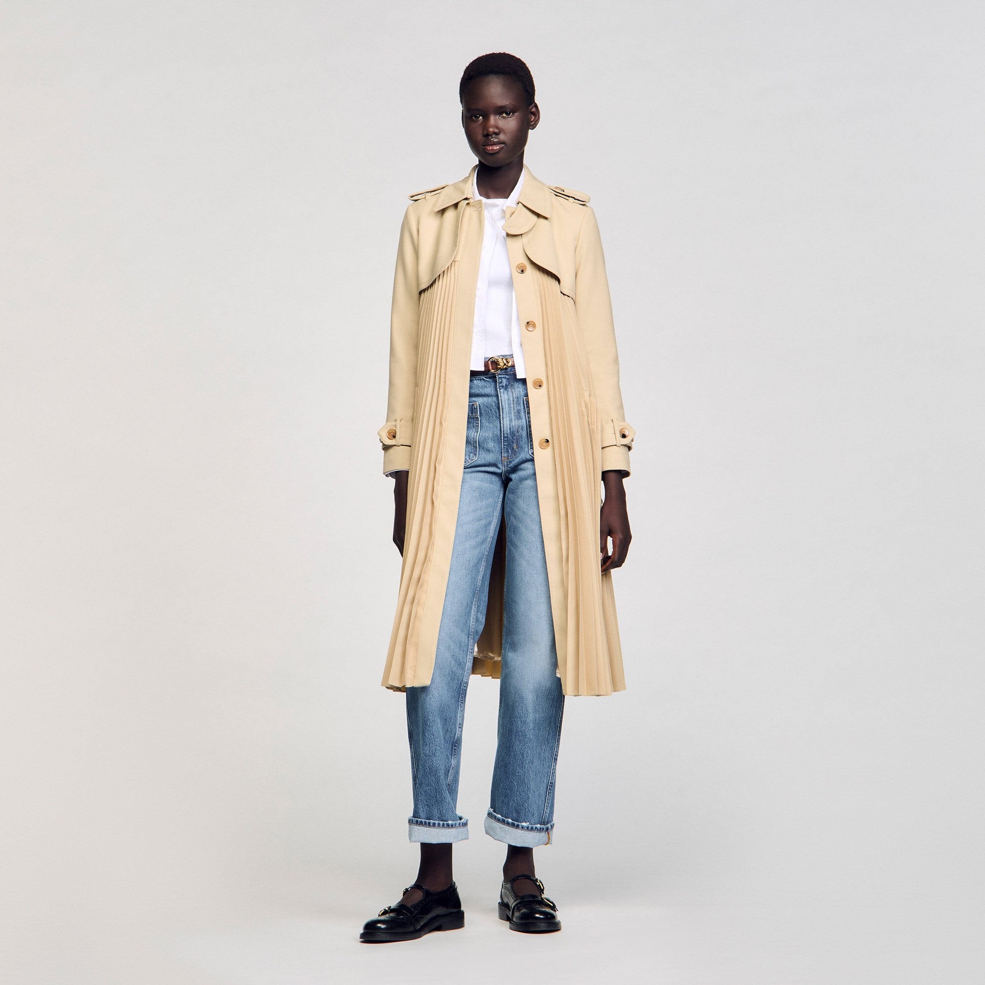 Sandro / Pleated trench coat with belt Beige