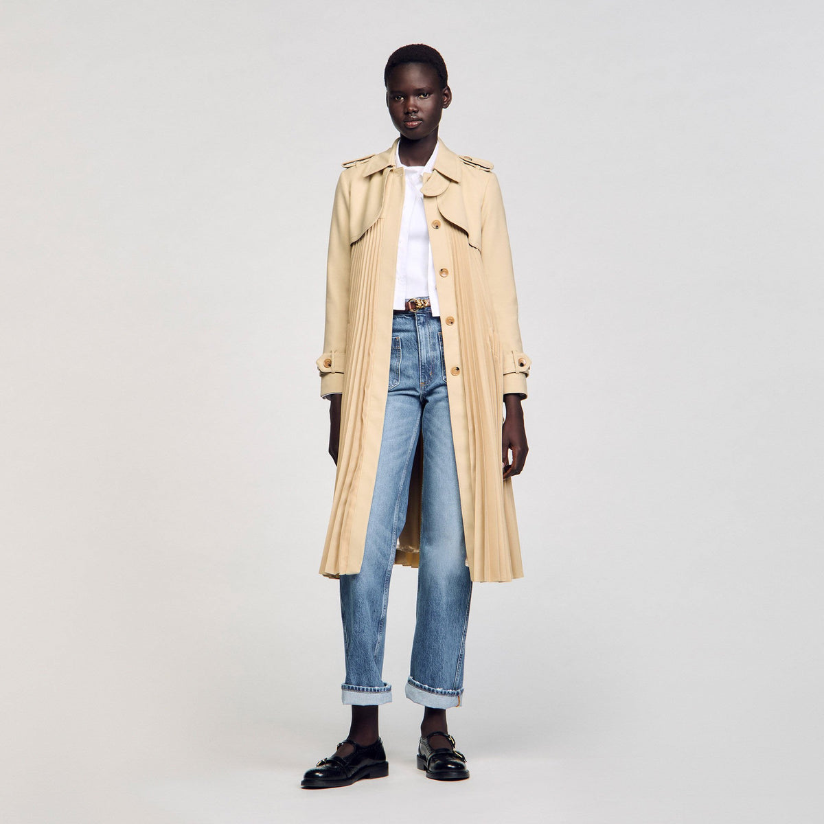 Sandro / Pleated trench coat with belt Beige