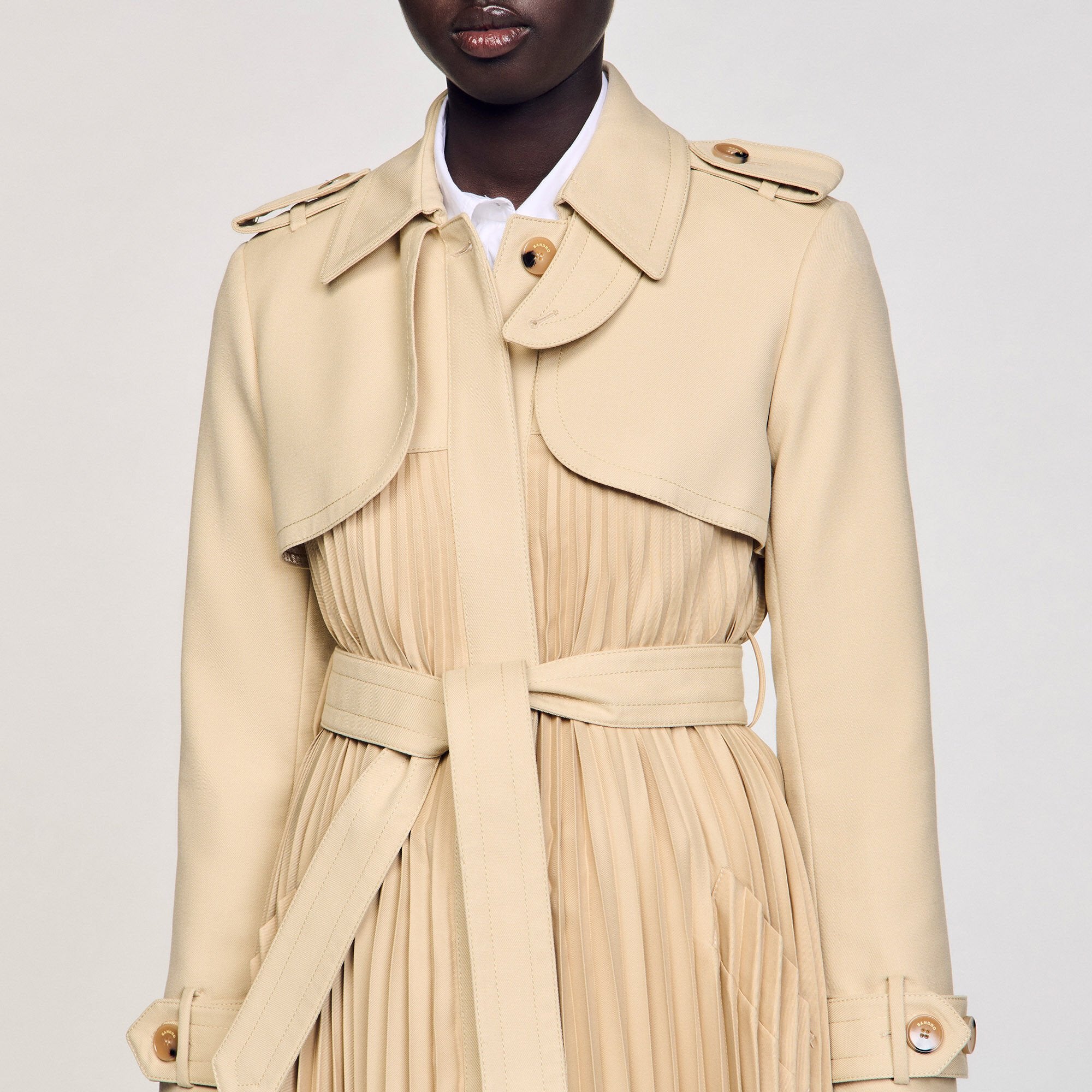 Sandro / Pleated trench coat with belt Beige