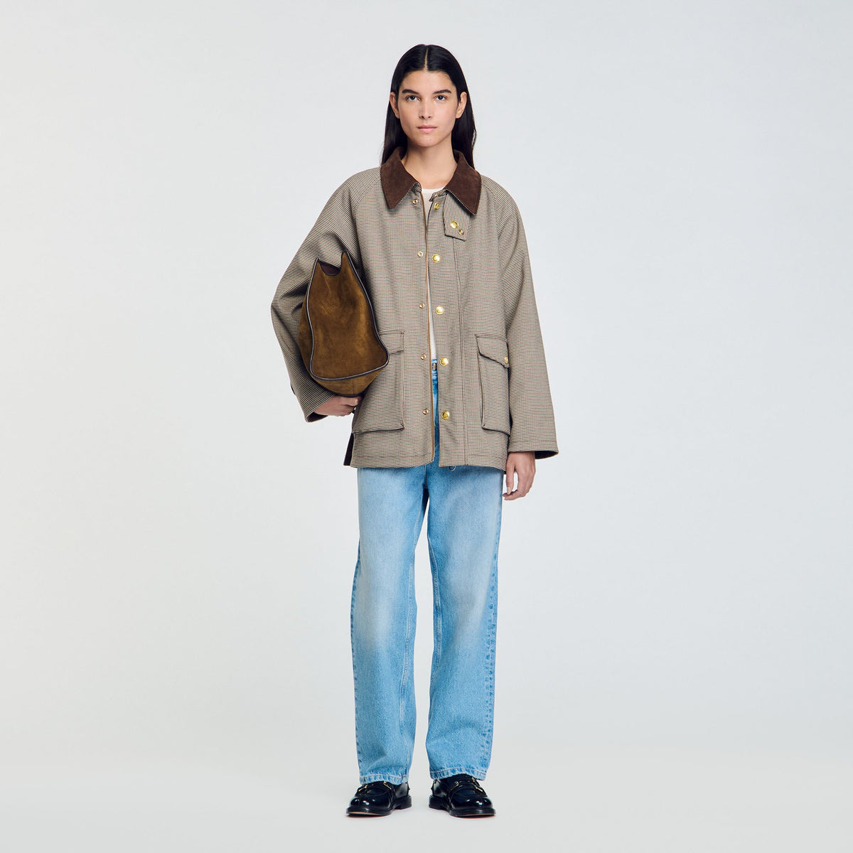 Sandro / Check coat with velvet collar Brown