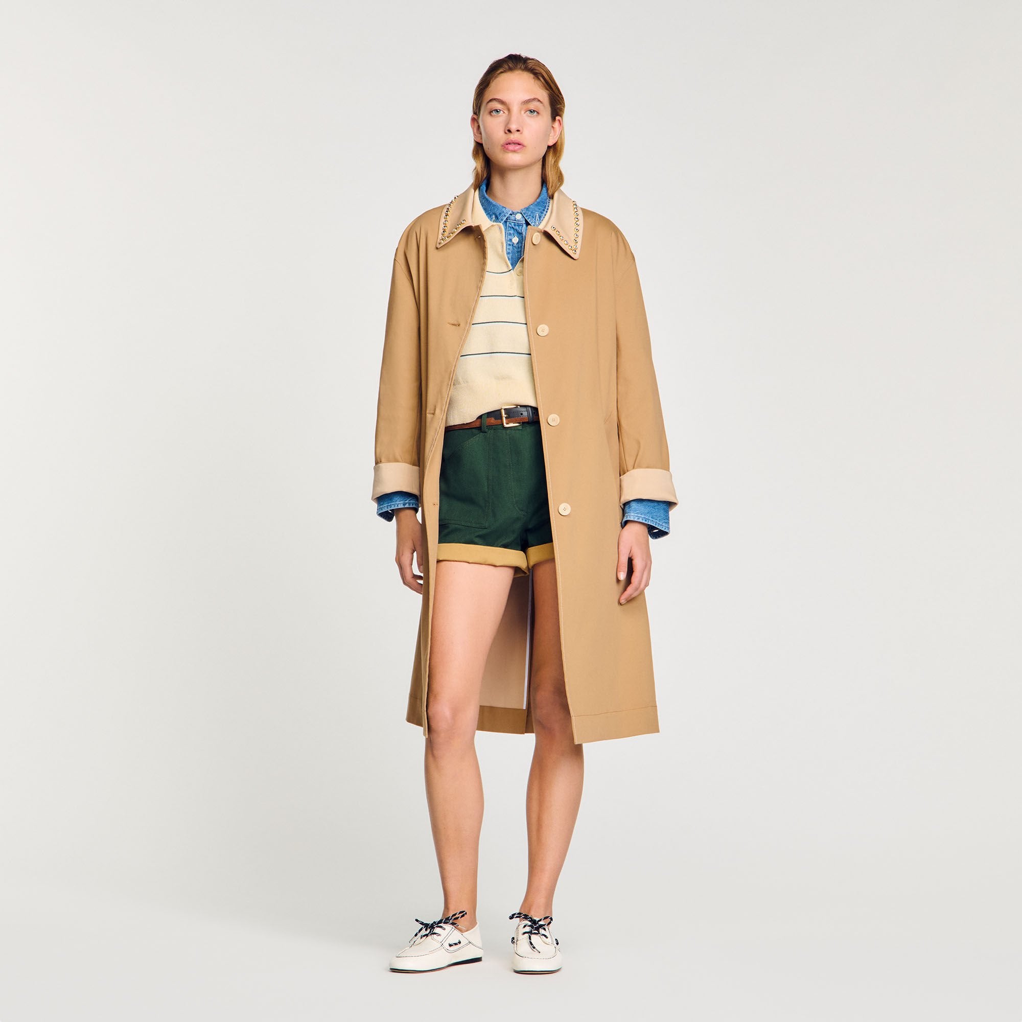 Sandro / Trench coat with rhinestone collar Camel