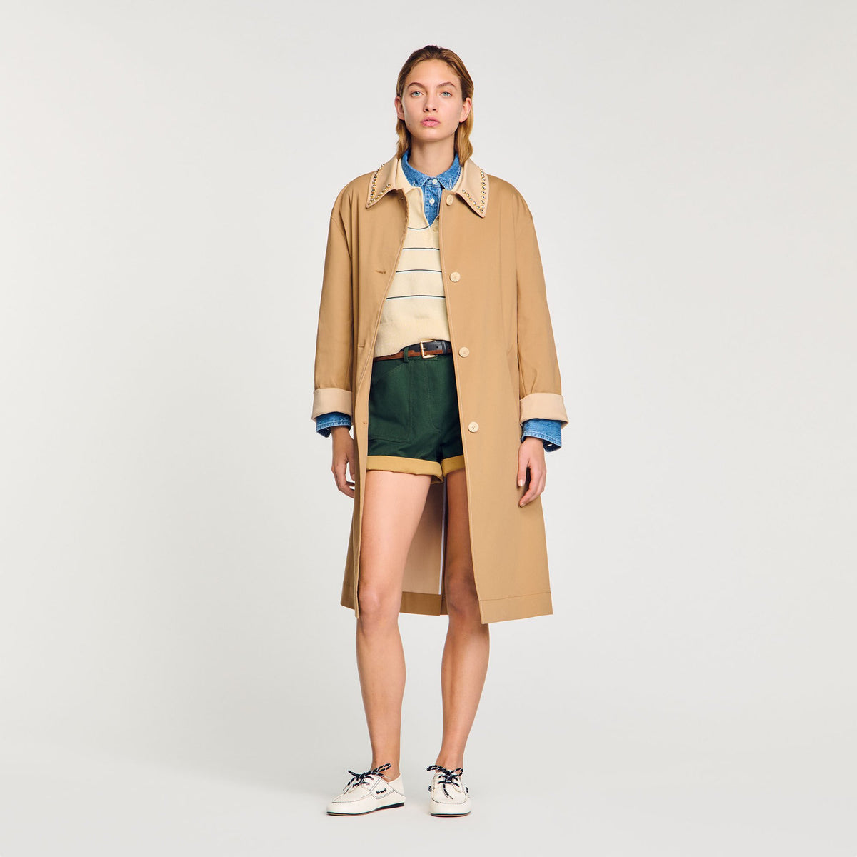 Sandro / Trench coat with rhinestone collar Camel