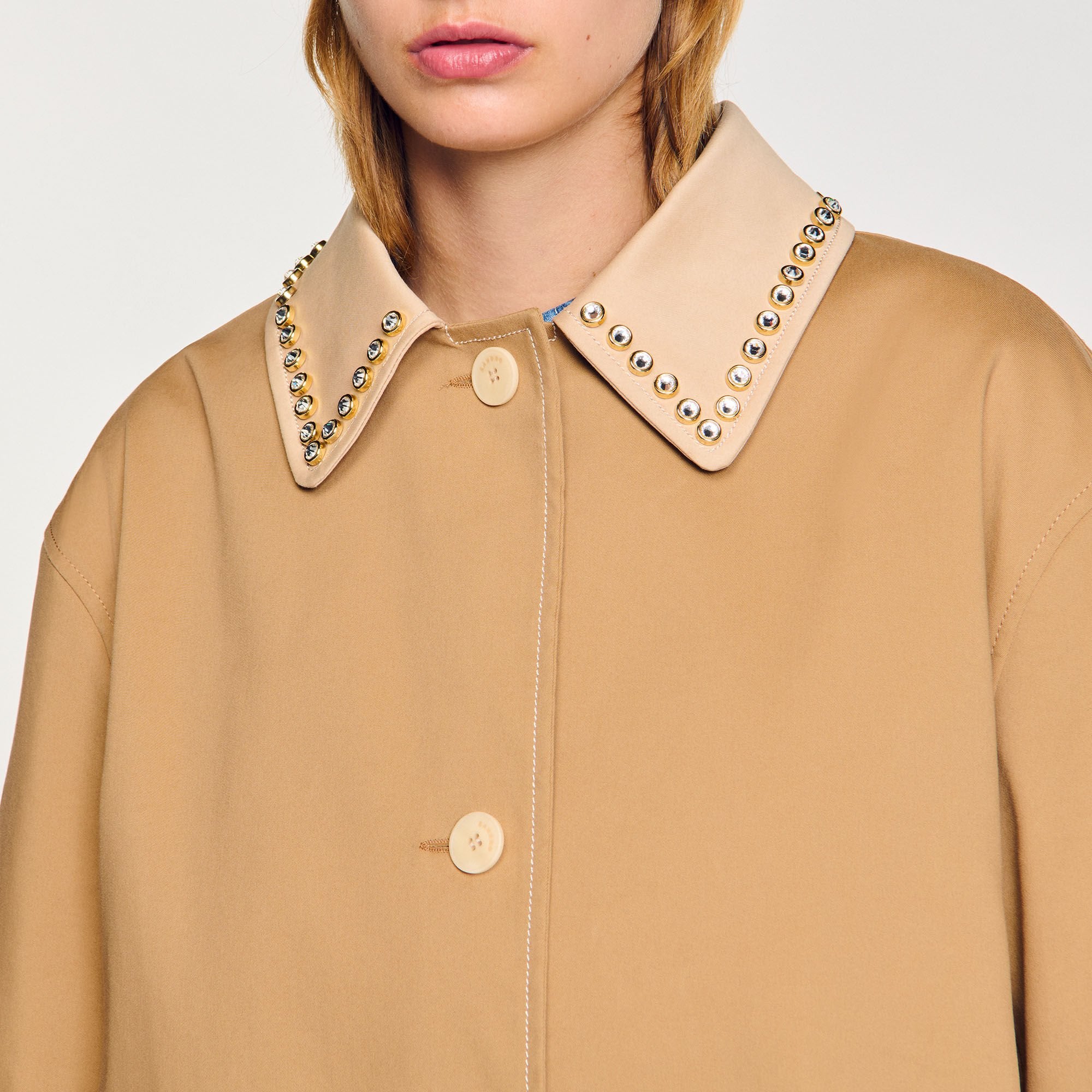 Sandro / Trench coat with rhinestone collar Camel
