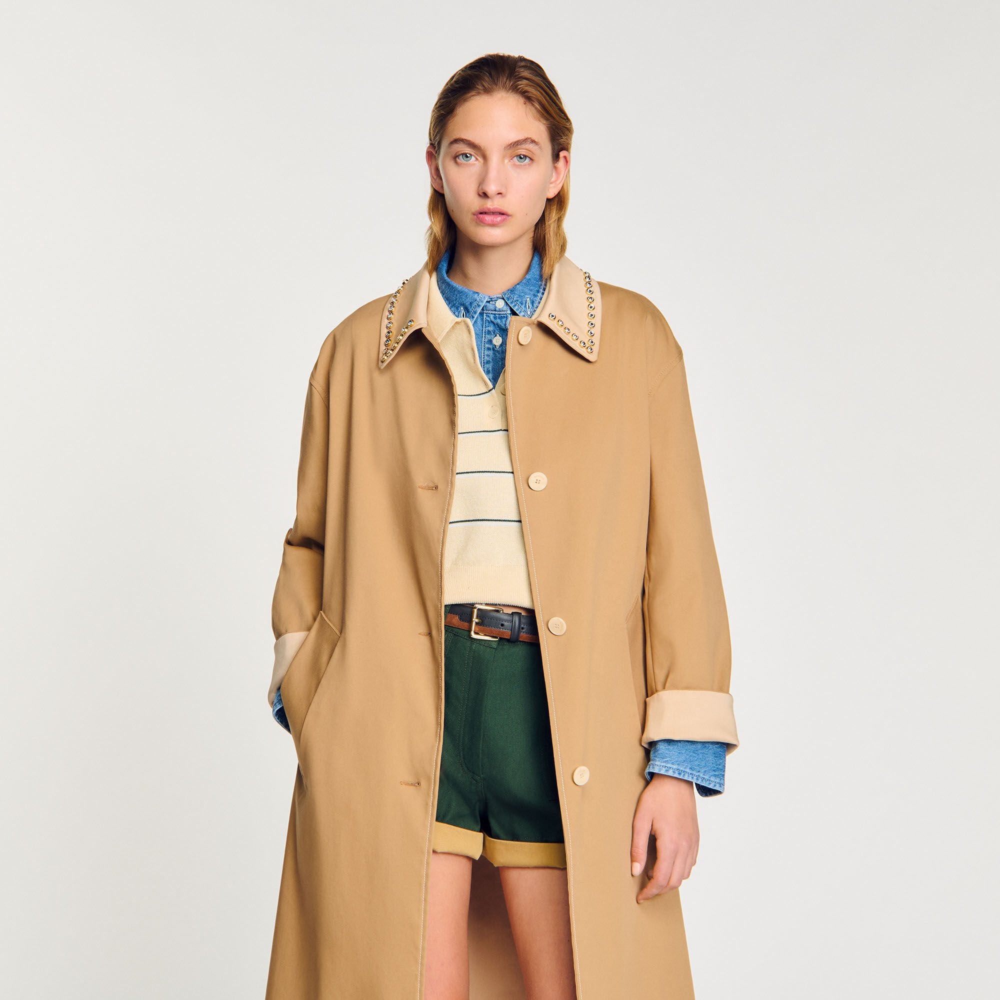 Sandro / Trench coat with rhinestone collar Camel