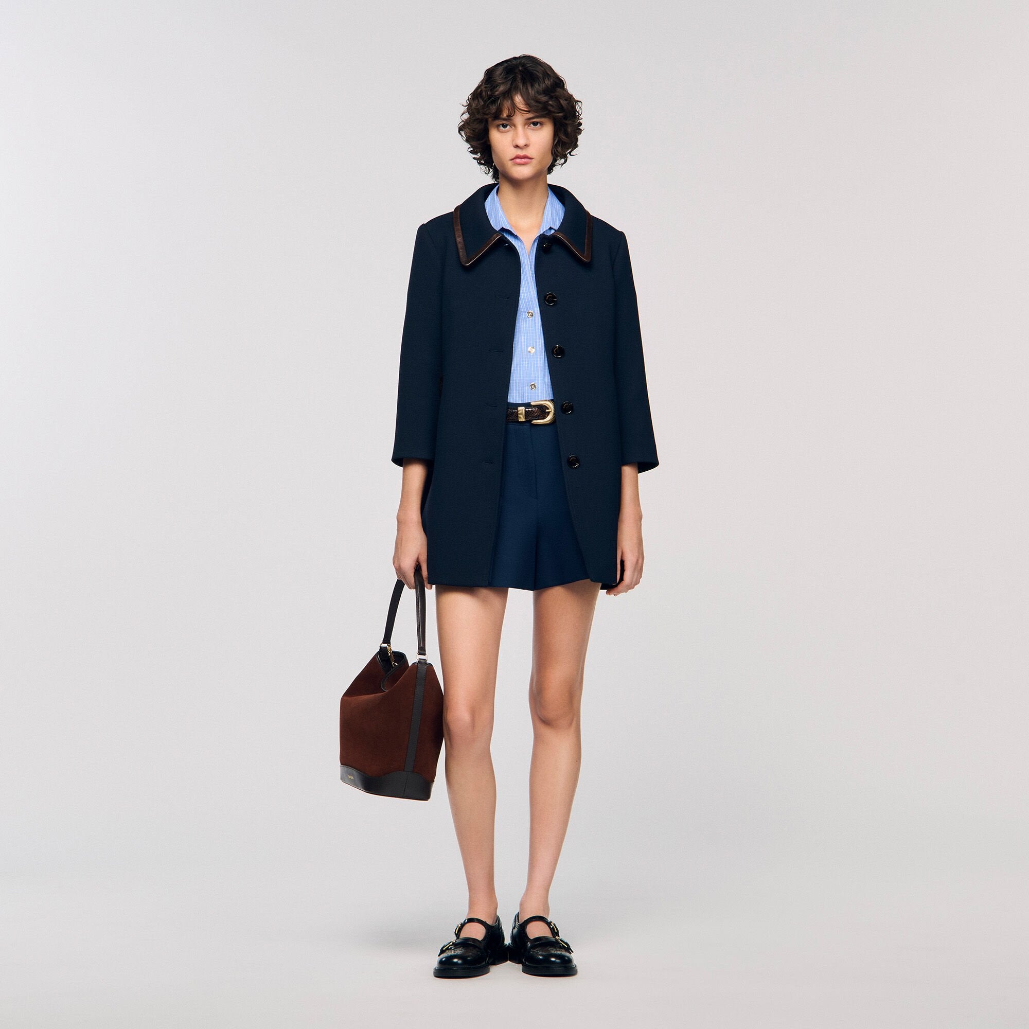 Sandro / Coat with leather stripes Navy Blue