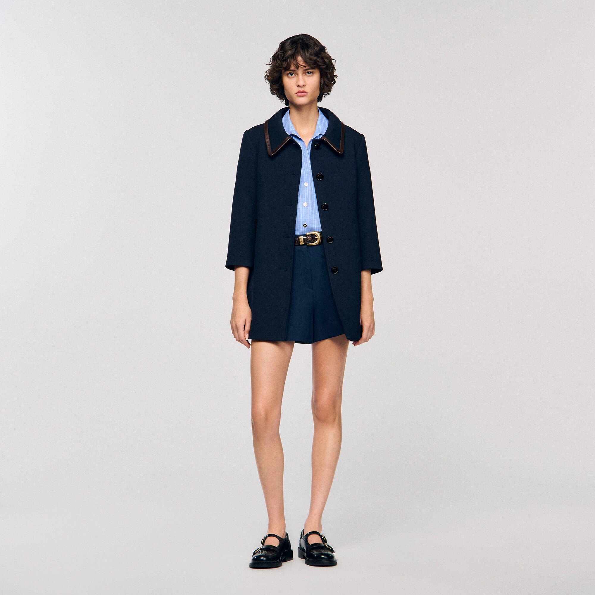 Sandro / Coat with leather stripes Navy Blue