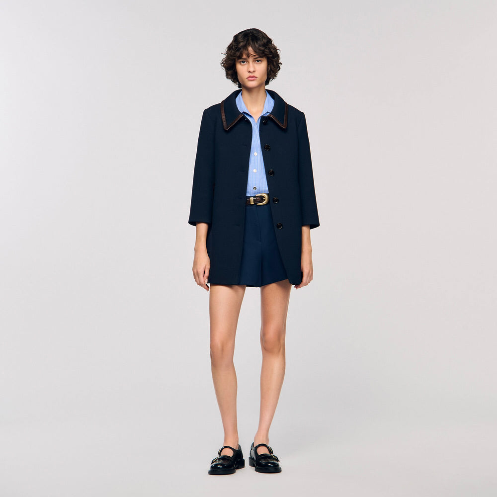 Sandro / Coat with leather stripes Navy Blue