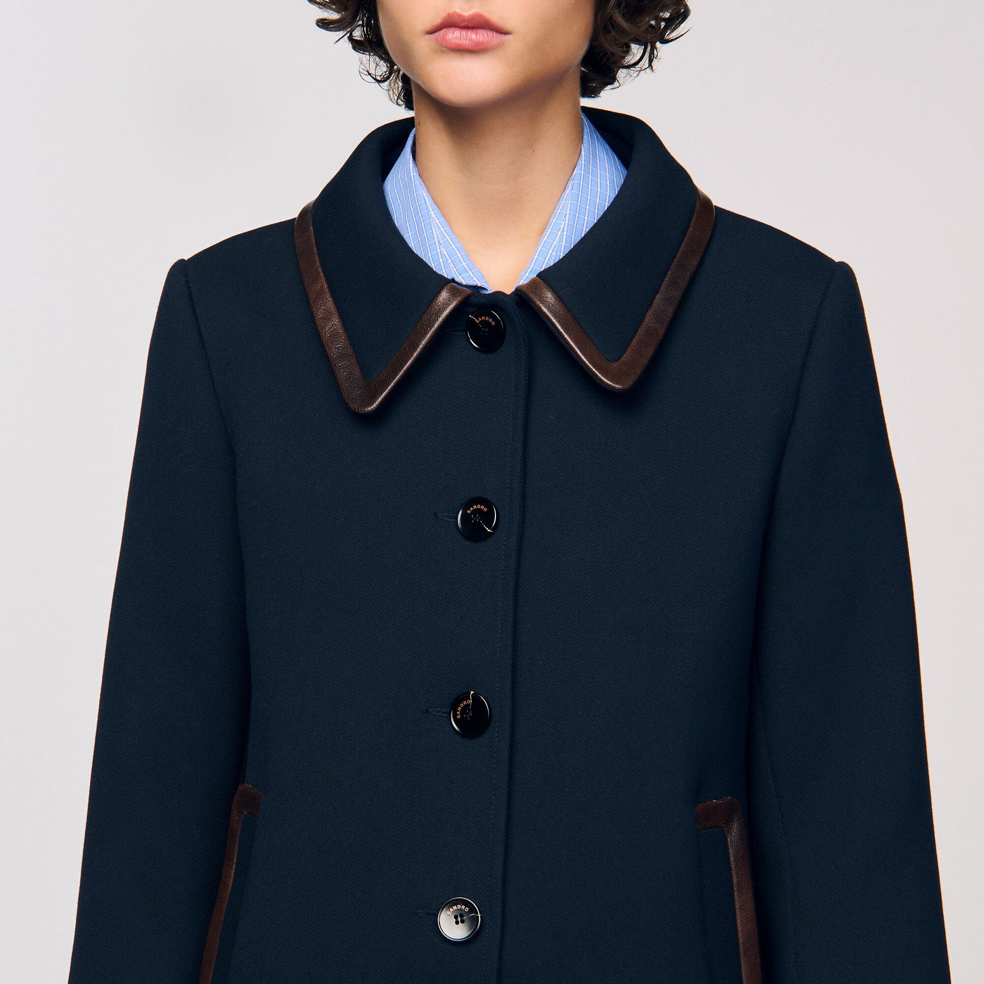 Sandro / Coat with leather stripes Navy Blue