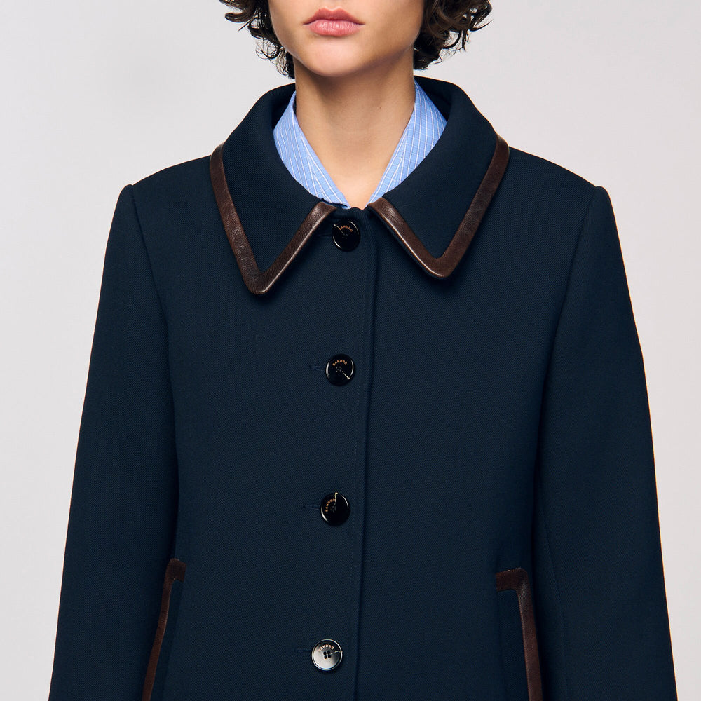Sandro / Coat with leather stripes Navy Blue