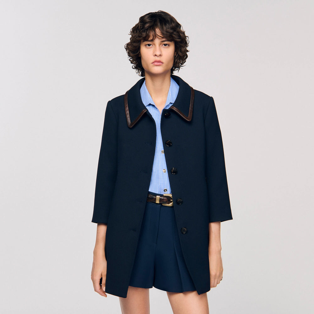 Sandro / Coat with leather stripes Navy Blue