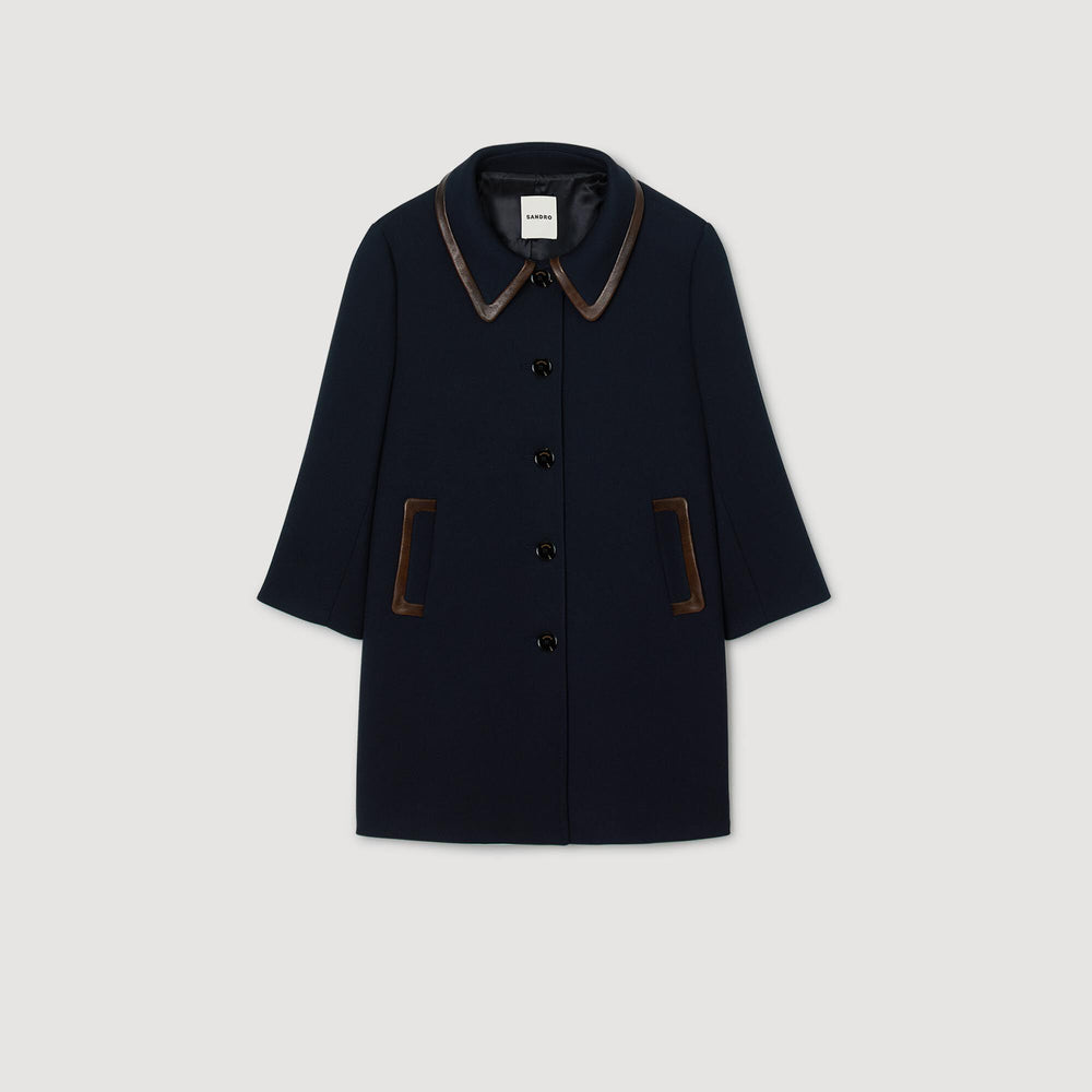 Sandro / Coat with leather stripes Navy Blue
