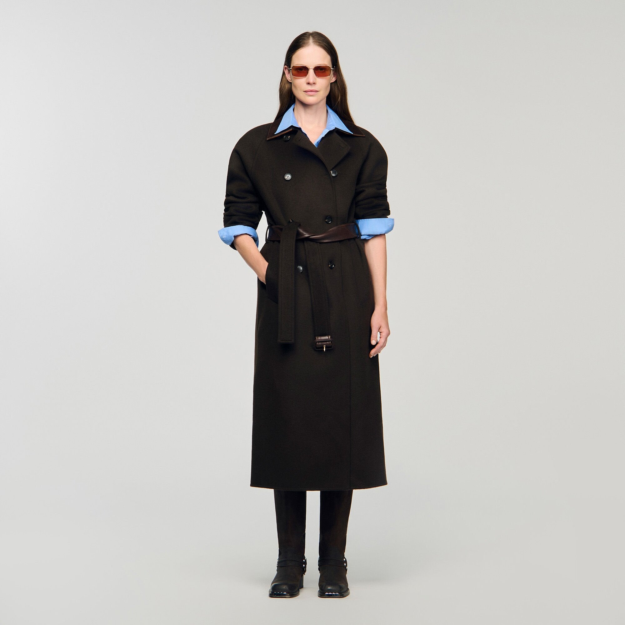 Sandro / Long wool and leather coat Brown