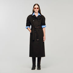 Sandro / Long wool and leather coat Brown