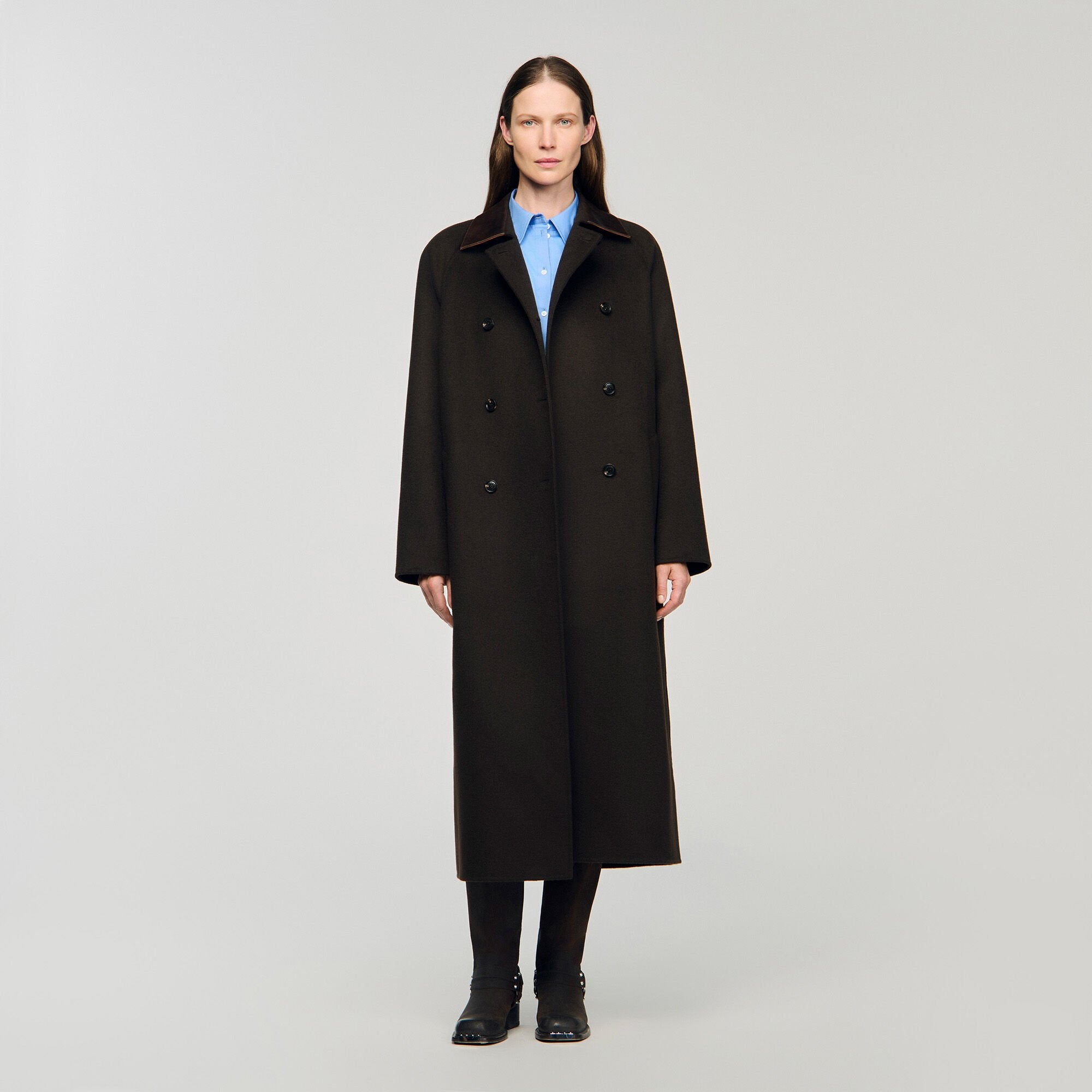 Sandro / Long wool and leather coat Brown