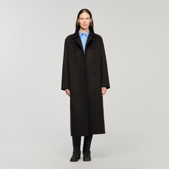 Sandro / Long wool and leather coat Brown