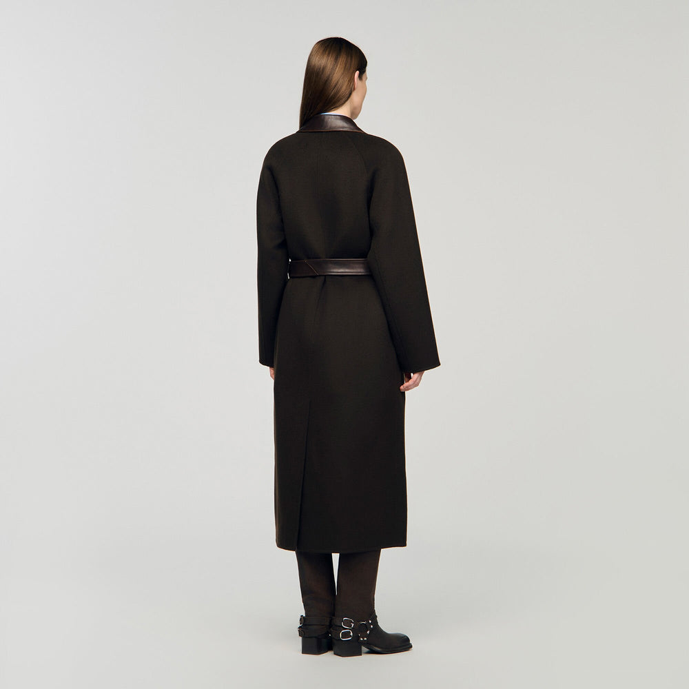 Sandro / Long wool and leather coat Brown