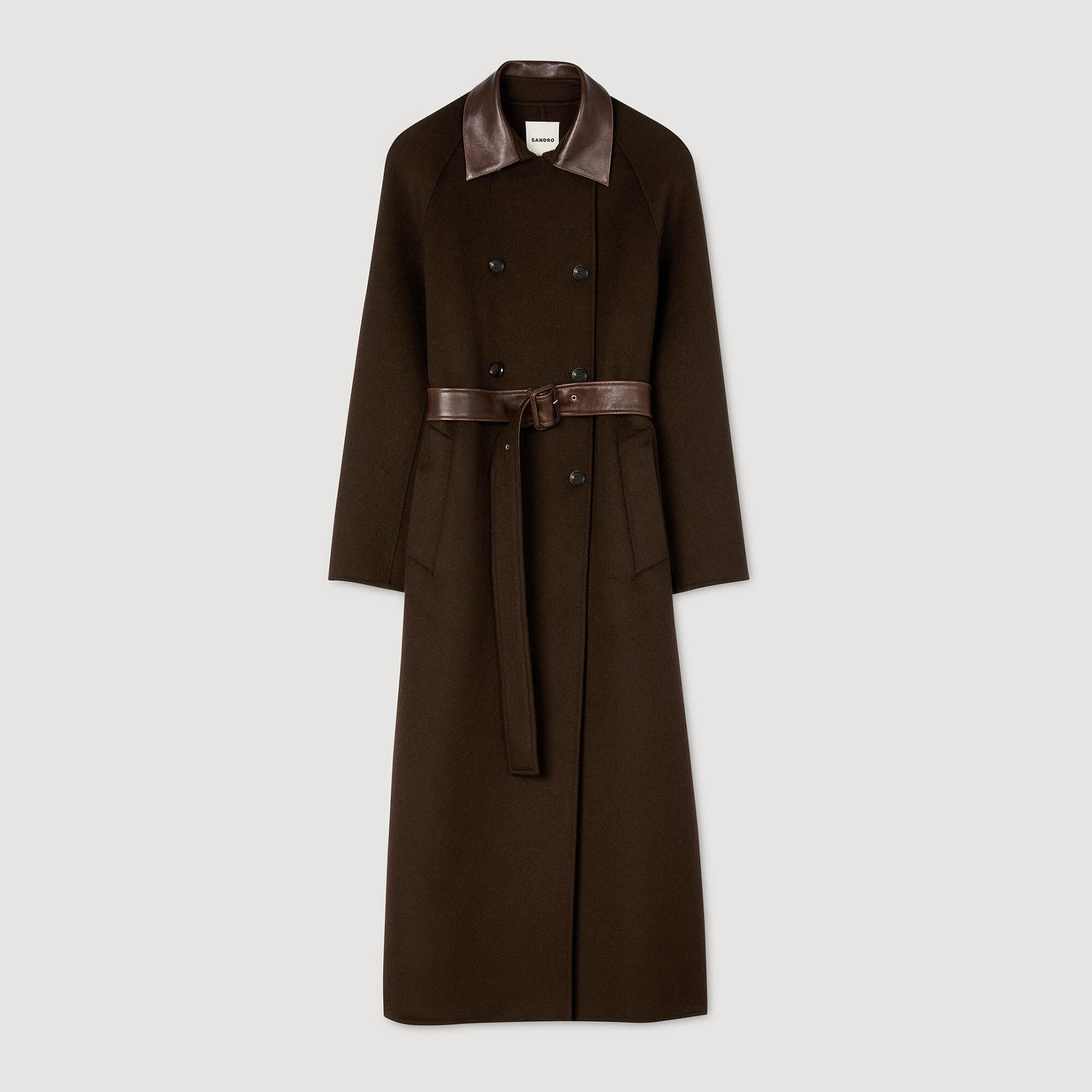 Sandro / Long wool and leather coat Brown