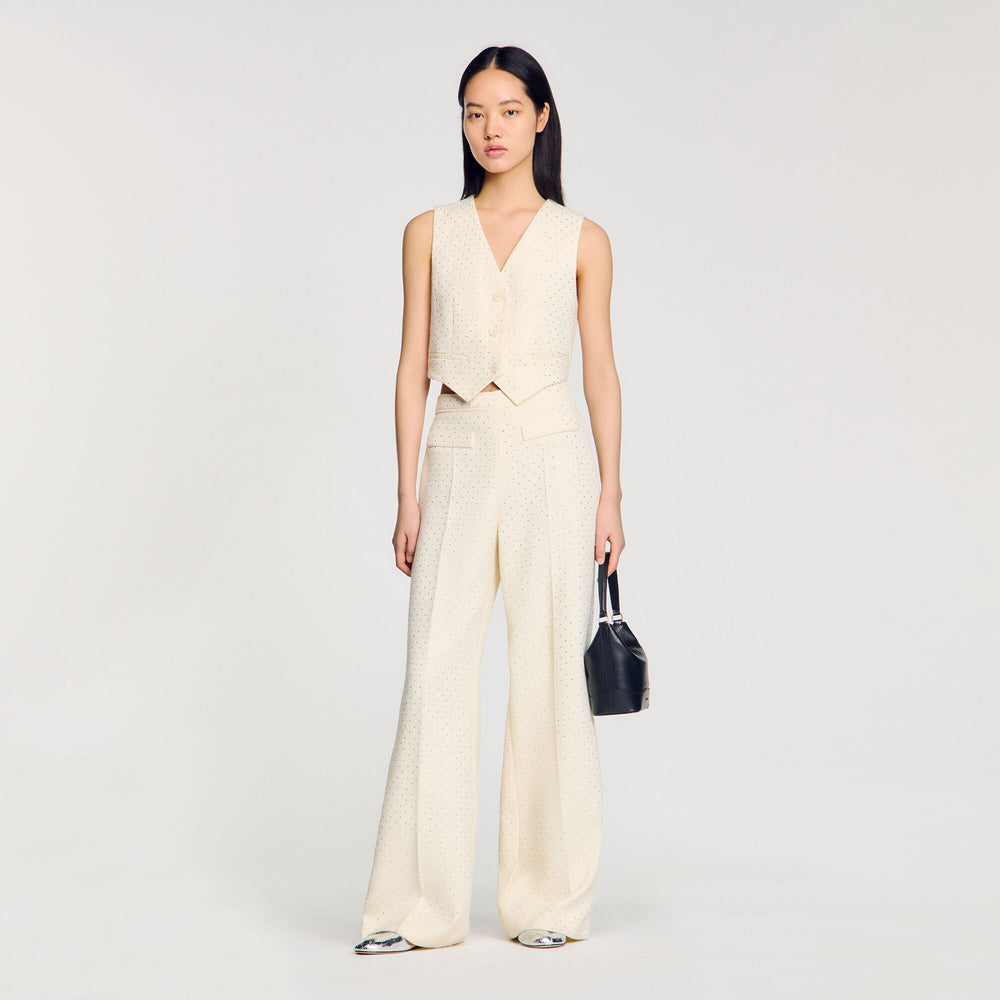 Sandro / Tweed rhinestone-covered trousers Ecru