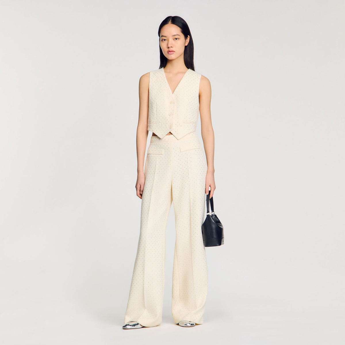 Sandro / Tweed rhinestone-covered trousers Ecru