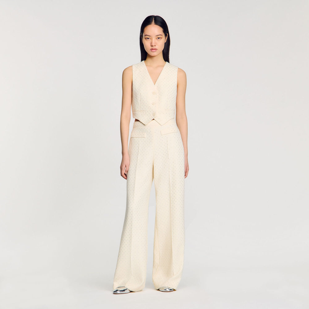 Sandro / Tweed rhinestone-covered trousers Ecru