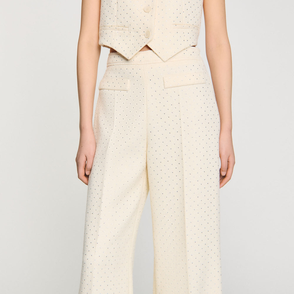 Sandro / Tweed rhinestone-covered trousers Ecru