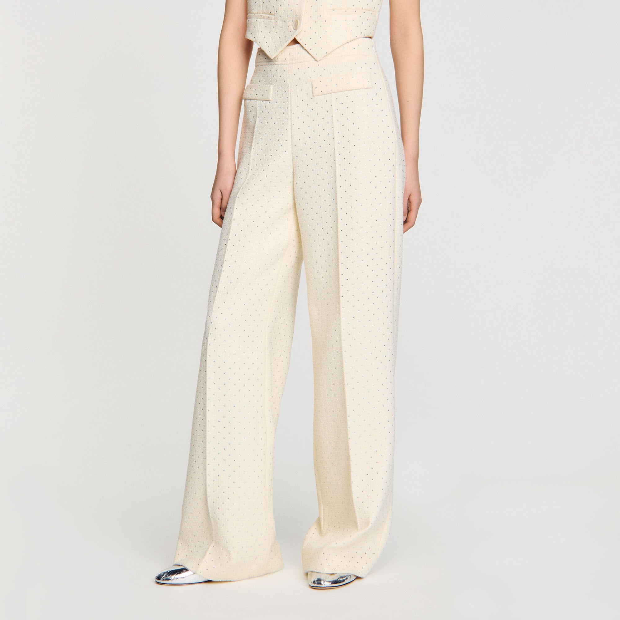 Sandro / Tweed rhinestone-covered trousers Ecru