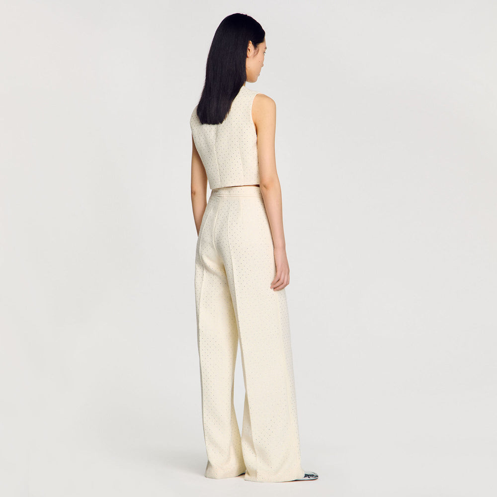 Sandro / Tweed rhinestone-covered trousers Ecru