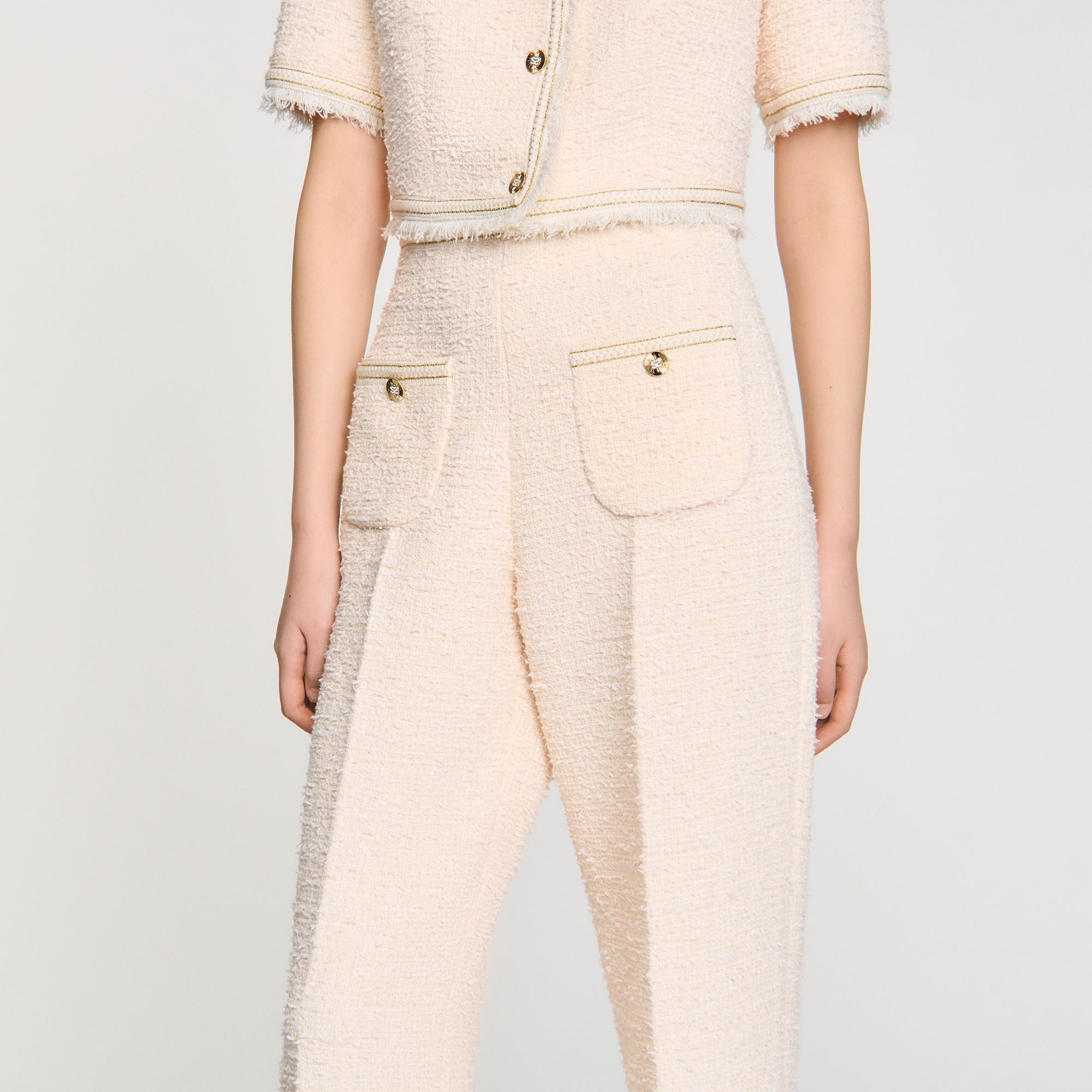 Sandro / Decorative tweed trousers Ecru / Pink