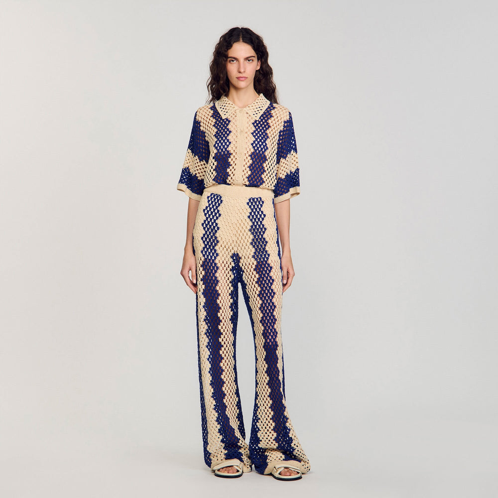 Sandro / Two-tone open weave pants Blue / Ecru