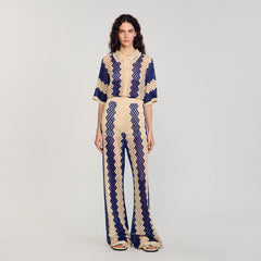 Sandro / Two-tone open weave pants Blue / Ecru