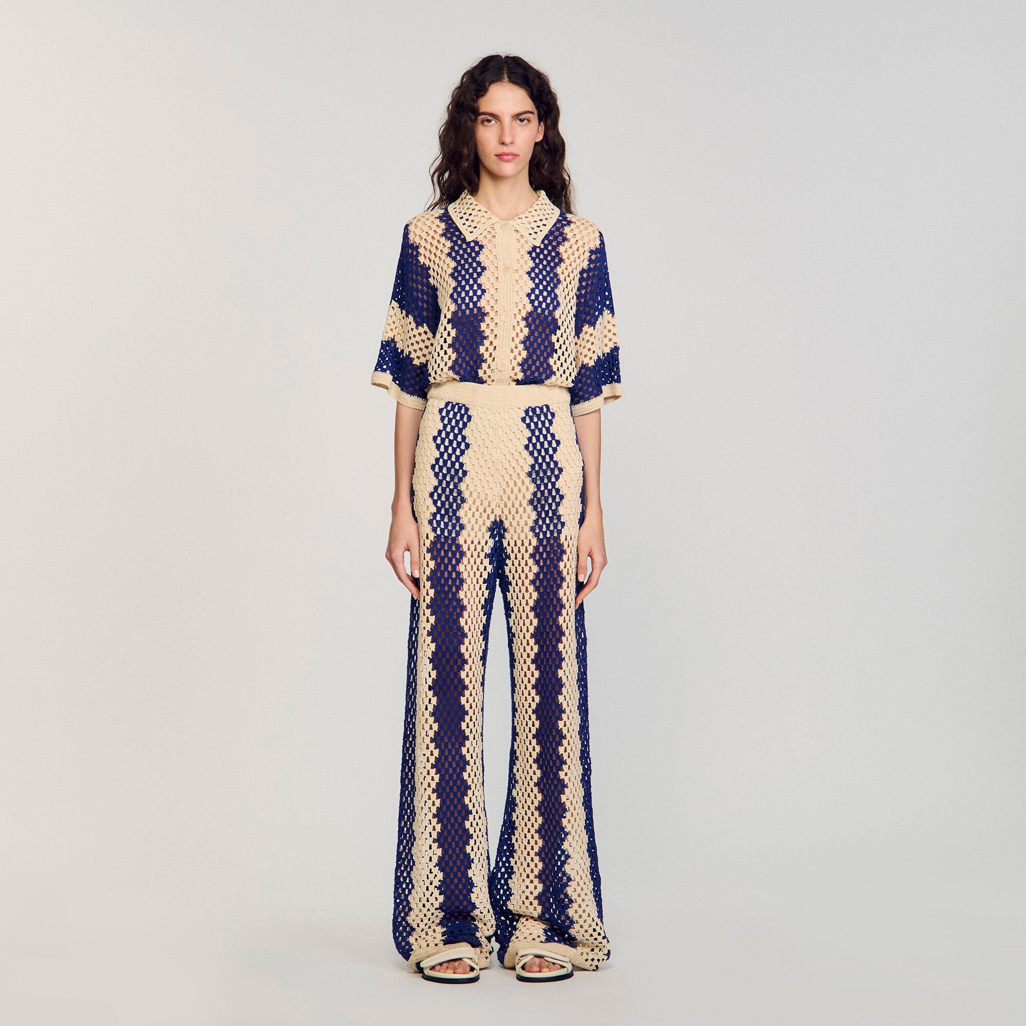 Sandro / Two-tone open weave pants Blue / Ecru