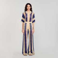 Sandro / Two-tone open weave pants Blue / Ecru