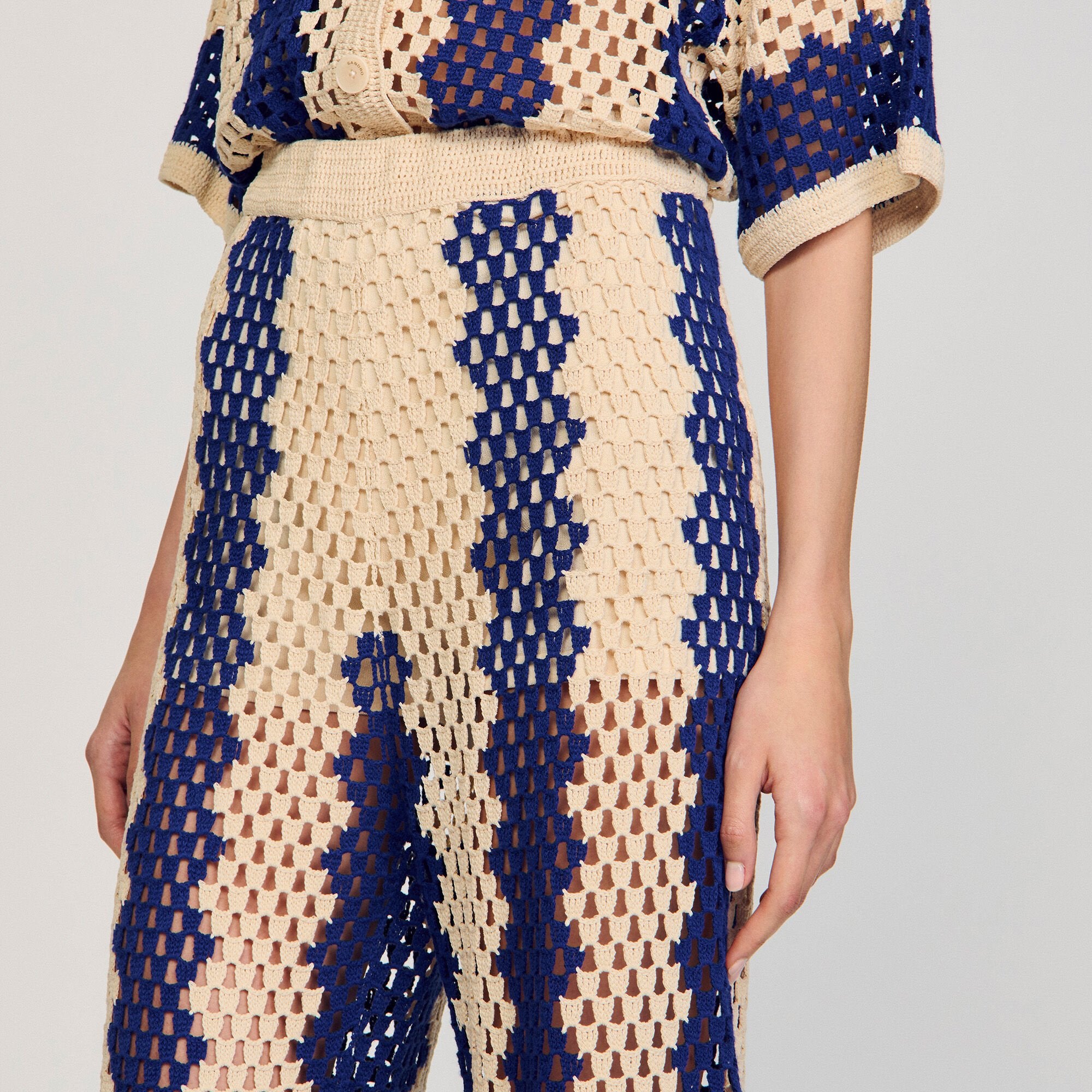 Sandro / Two-tone open weave pants Blue / Ecru