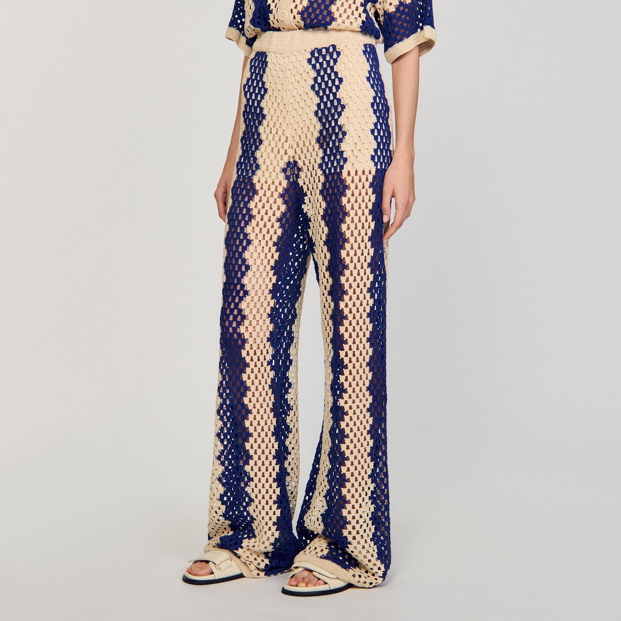 Sandro / Two-tone open weave pants Blue / Ecru